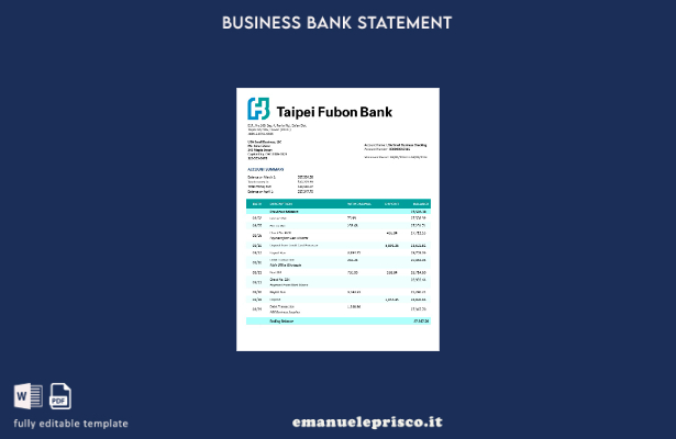 stile verificato Estratto conto corrente aziendale Taipai Fubon Bank Modello Wor